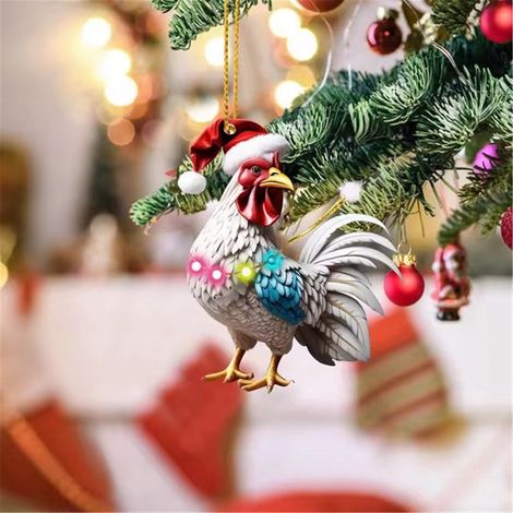 Ornement De Noël En Acrylique - Coq Avec Chapeau De Père Noël - Décoration Pour Arbre De Noël - 1 Pièce (1/5)