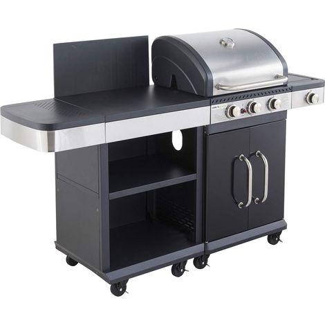 MF - Barbacoa de Gas FIDGI 3 Quemadores + Aparador Plancha Lateral - Plancha y Parrilla Hierro Fundido Cocina Exterior para 10 Personas (1/4)