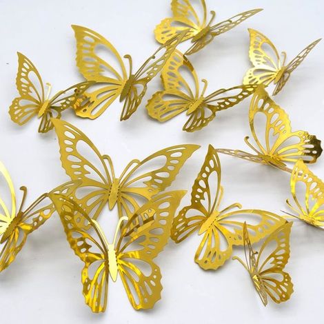 Lot de 36 stickers papillons 3D dorés - Déco murale enfant/chambre/mariage - 3 styles et tailles - Porte/fenêtre (1/5)