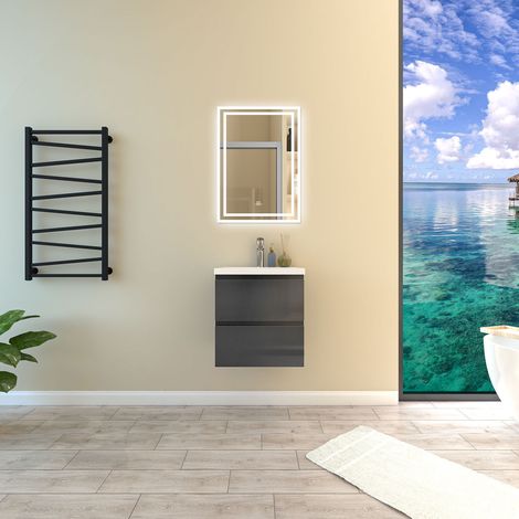 SKY 50cm Anthracite bathroom furniture set With 2 Soft-Close Drawers,ceramic basin+LED bathroom anti-fog mirror with 3 Lighting Modes (1/5)