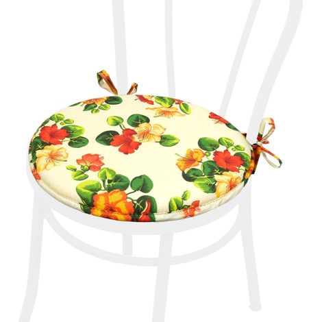 Cuscino Sedia Rotondo Morbido Lavabile Laccetti Fissaggio Fiorito 100% Made In Italy