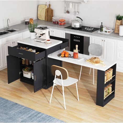 Îlot de cuisine 211x55x89,5 cm en MDF noir et blanc, extensible pour cuisine FloraGrace (1/5)