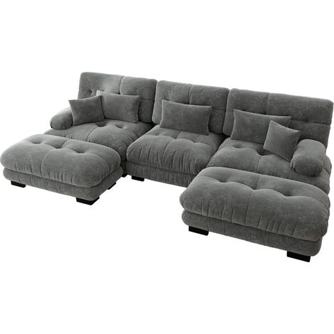 Divano Angolare Modulare U-Shape in Chenille Grigio con Ottomana, Seduta Profonda, Modello Cloud (1/5)