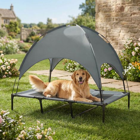 Lit surélevé pour chien avec auvent, couchage pour animaux, transat d'extérieur pour chien avec toit, respirant, en taffetas gris, idéal pour le camping, 122 x 92 x 108 cm (1/5)