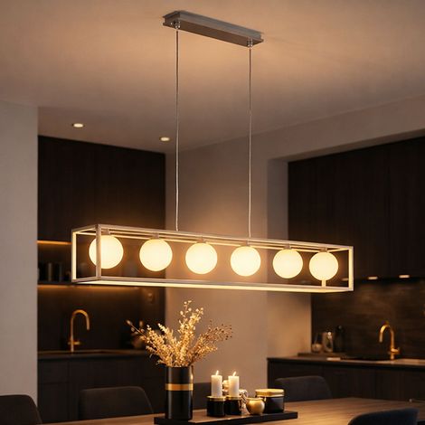 Lampada a sospensione lampada a sospensione lampada da tavolo da pranzo lampada da soggiorno, con cornice e sfere di vetro bianco, 6x3.5W 6x320lm, 3000K, LxH 105x150 cm,  Wofi 7341.06.64.8000