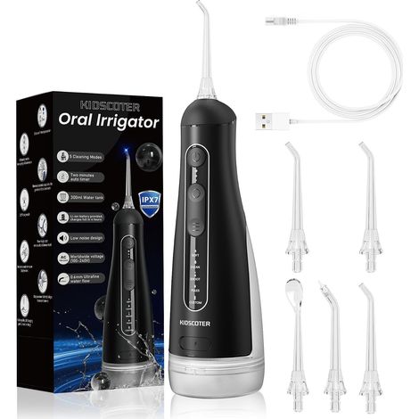 Hydropulseur dentaire avec réservoir d'eau amovible et lavable, 5 modes, rechargeable, sans fil, 300 ml, portable, étanche IPX7, pour la maison et les voyages, noir (1/5)