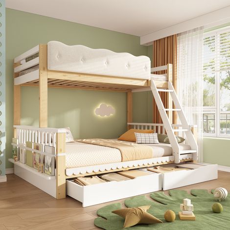 Lit superposé enfant 140 x 200 cm avec escalier, garde-corps, rangements, LED, roulettes, sommier inclus, sans matelas, en bois, Chêne et blanc (1/5)