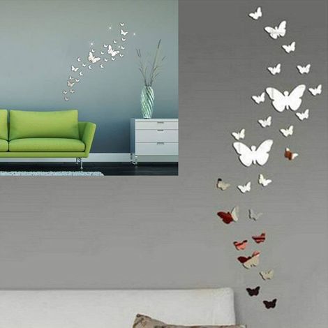 Autocollants Muraux Papillon, 30 Pièces Autocollants Miroir Papillon Acrylique Argent 3D Autocollants Muraux Papillon Décoration (1/4)