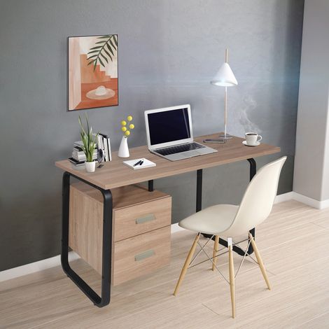 Le Quai Des Affaires – Bureau droit 120x60x76 cm – 2 tiroirs en panneaux mélaminés – Pieds en métal noir – Style industriel contemporain (1/7)