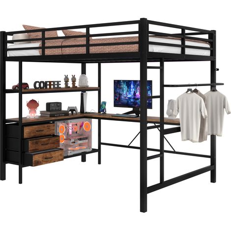 Letto a soppalco 140x200 cm con LED, scrivania, presa USB, 3 cassetti, ripiani, ringhiera e scala, nero, struttura in metallo e MDF, ideale per studio e piccoli spazi – CHICFURN (1/5)