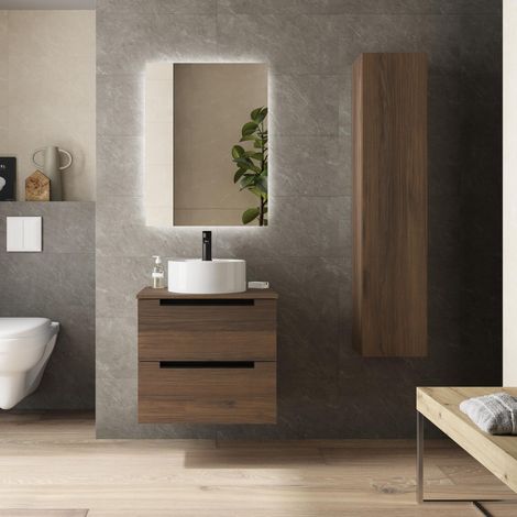 Mueble de Baño LENI 70cm Nogal 2 cajones Lavabo sobre encimera 1 poza Porcelana (1/5)