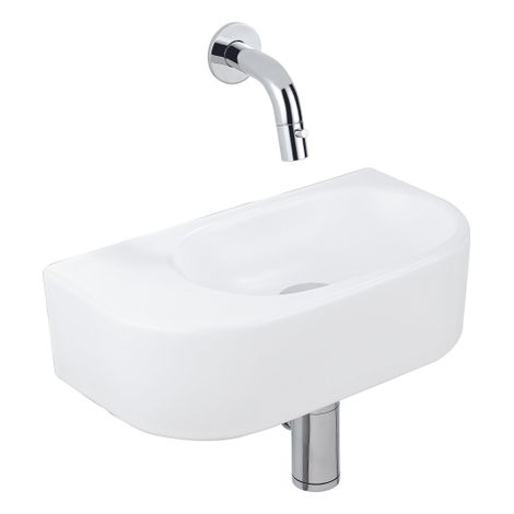 QeramiQ Fuente Ensemble de Lavabo - 40x21.5x12cm - lisse - demi-rond - céramique - ensemble de robinet chrome - bouchon de vidange - siphon abaissé -
