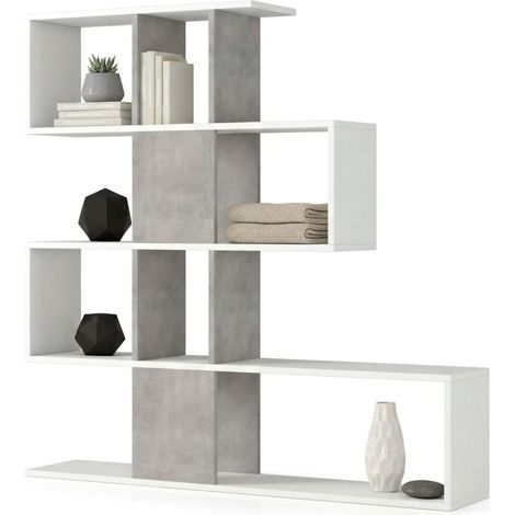 Dmora - Libreria Allison, Biblioteca bifacciali a 5 ripiani, Scaffale a zig zag per libri, Mobile da parete con ripiani, 100% Made in Italy, 145x29h145 cm, Bianco e Cemento