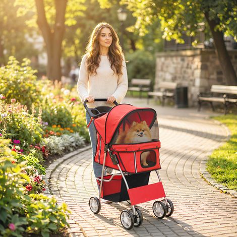 Poussette pliable pour animaux de compagnie, pour chien/chat, avec porte-gobelet et panier de rangement, 75 x 45 x 97 cm, rouge