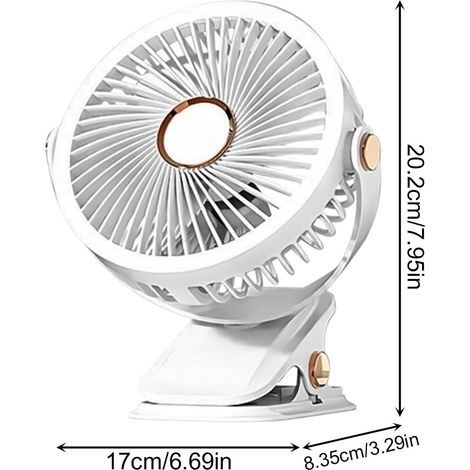 ventilateur silencieux-Portable Pince,Chargement USB,2000 mAh grand,3 vitesses,Avec veilleuse,Intérieur, extérieur,Blanc (1/4)
