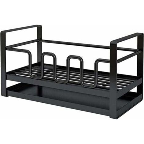 Organiseur de cuisine pour évier – Porte-éponge, porte-brosse de nettoyage, porte-savon, séchoir avec bac de récupération d’eau – Noir, multifonctionnel (1/5)