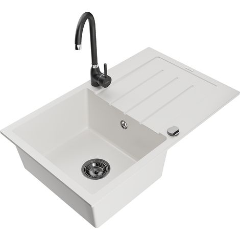 Mexen Bruno fregadero de granito de 1 seno con escurridor y grifo de cocina Telma, blanco - 6513-20-670200-70 (1/5)