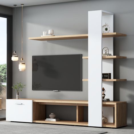 Mueble TV diseño minimalista estante abierto tablero de partículas 180x33.5x151.5cm color blanco + madera (1/5)