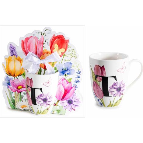 Tasses en porcelaine imprimé floral et initiale T en coffret cadeau découpé avec nœud, lot de 3, tasse : diam. 8 cm x H. 10,5 cm
