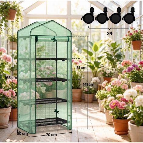 Serre à tomates mobile avec étagères en treillis, film PE 140g/m², 70x50x163 cm, vert (1/5)