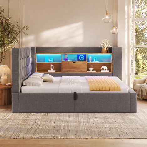Lit simple 90x200 avec rangement LED matelas OKMYHOME (1/5)