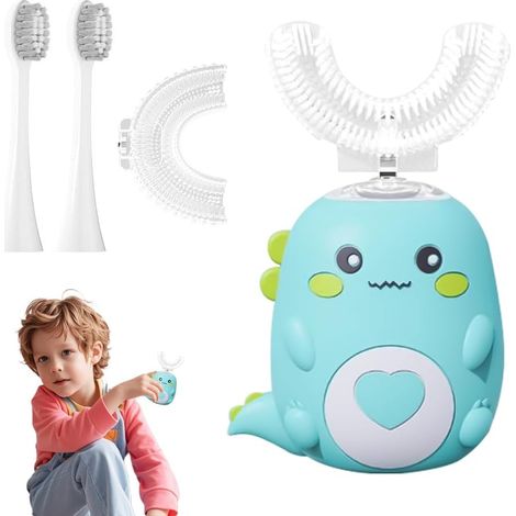 Lulabini Dinobrush, Car Sonic Toothbrush for Children with 2 U-Shaped Silicone Brush Heads & 2 Brush Heads, Electric Children's Toothbrushes with LED & Dino Look Light, Toothbrush Children Electric (1/5)