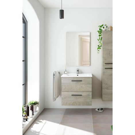 Dmora Unter dem Waschtisch Fontana, Badezimmerschrank mit 2 Schubladen, Hängeschrank mit Spiegel, Waschbecken nicht enthalten, cm 60x45h57, Eiche (1/5)