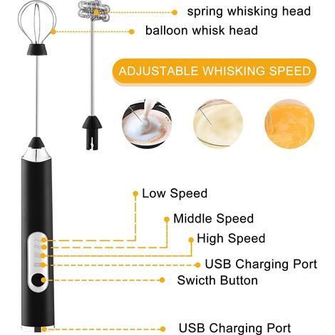 Montalatte elettrico portatile con 2 teste, frusta per schiuma con batteria ricaricabile tramite USB, 3 velocità, miscelatore per schiuma per latte, cappuccino, cioccolata calda, uova (nero) (1/4)