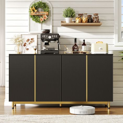Buffet 150 cm, avec rangement, pieds métalliques réglables, non inclinable, convient pour salle à manger, cuisine et salon - Noir (1/5)