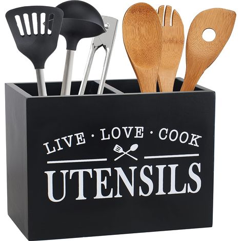 Porte-ustensiles de cuisine avec fond amovible - Grand compartiment - 2 compartiments - Organiseur d'ustensiles de ferme pour décoration de comptoir, 22,9 x 17,8 x 12,7 cm, noir (1/5)