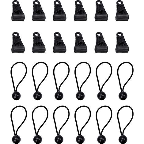 Pinces de bâche robustes avec élastiques et cordes, boucles à vis réglables, pour tentes, auvents et utilisation en extérieur (12 pinces et 12 élastiques noirs inclus). (1/5)