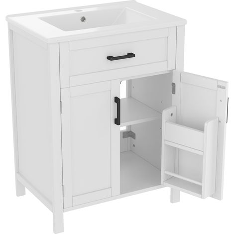 CAIziMeuble sous-vasque 60x46x84,8 cm lavabo céramique blanc portes tiroirs (1/5)
