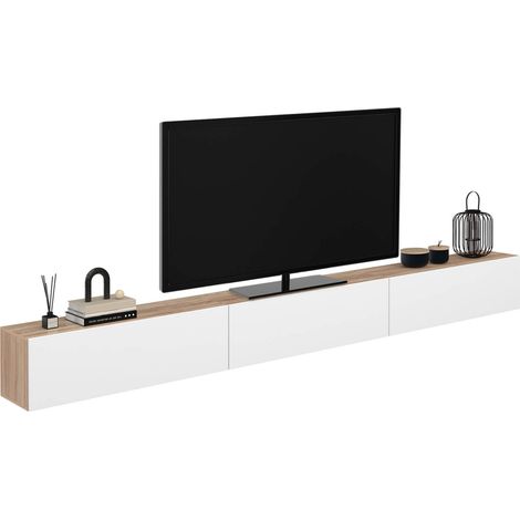 Mueble para televisión suspendido ELIO de 300 cm, con 3 puertas, en madera y blanco