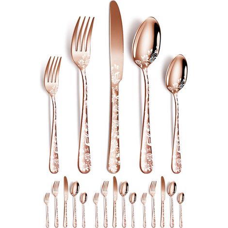 Ensemble de couverts 20 pièces en acier inoxydable à finition polie miroir : 4 couteaux, fourchettes, cuillères et cuillères à café ornés d’un magnifique motif floral, idéal pour la cuisine, les resta