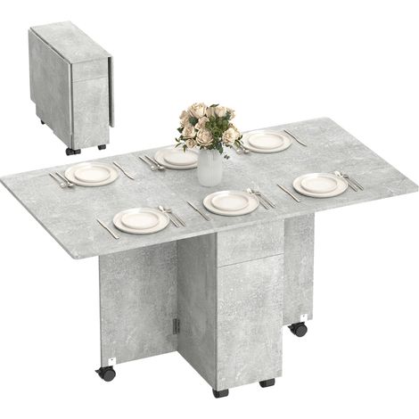 Tavolo da Pranzo Pieghevole a Ruote con 2 Cassetti, 2 Ante e Armadietto, in Legno, 140x76x74 cm, Grigio Cemento (1/5)