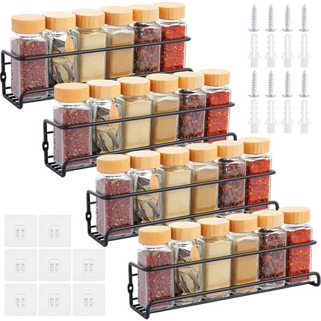 Étagère à Épices Mural Métal Lot de 4 opour, range epices Cuisine Auto-adhésif Sans Percage, Porte Epice Idéal pour Le Placard, Murale, Frigo, Rangement Epices, 29x6x6.5cm, Argent (1/5)