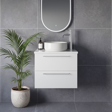 Napoli 390 Gloss White 600mm Wall Mounted 2 Drawer Vanity Unit for Countertop Basins - 600mm - Chrome 320mm Handle