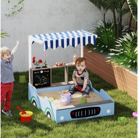 Bac à sable enfant 108x90x104 cm en bois de sapin bleu, avec auvent pour jardin – MEUBLIV (1/5)