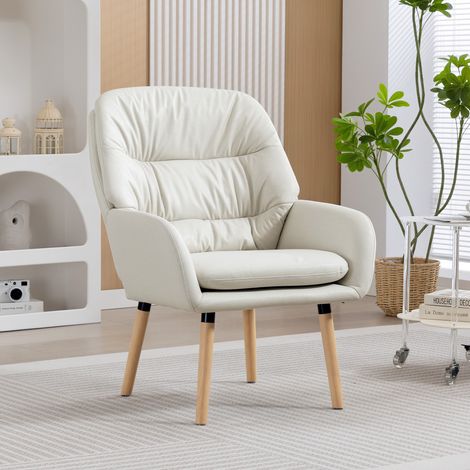 Sillón de Salón Moderno Acolchado de Doble Capa Tapizado en Cuero Sintético Patas de Madera 68x74x89 cm Crema (1/5)
