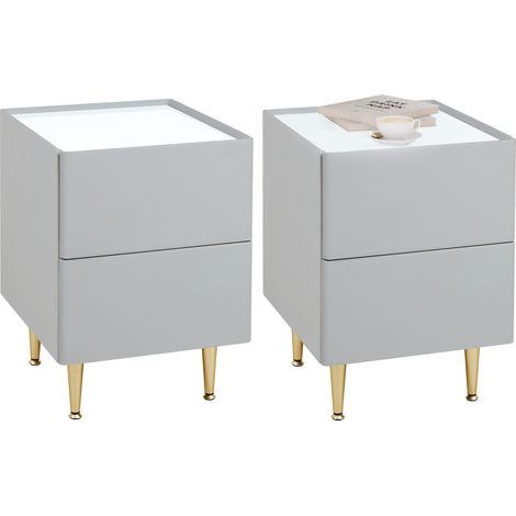 WOLTU Nachttisch 2er Set Beistelltisch mit 2 Schubladen Nachtschrank Hochglanz Telefontisch Nachtschrank Nachtkommode für Schlafzimmer, Holz PVC+Metall, 40x35x51 cm, Grau+Golden
