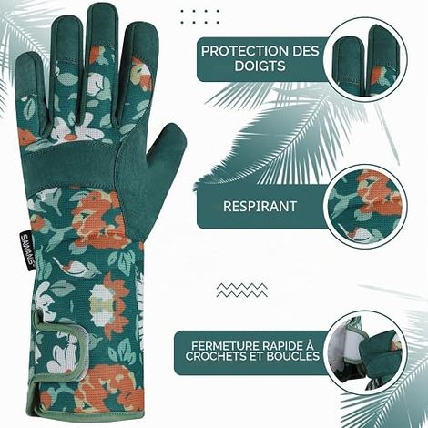 Gants de jardinage longs pour femmes et hommes, gants de jardin résistants aux épines, protection extra longue de l'avant-bras pour la taille (Vert, M) (1/3)