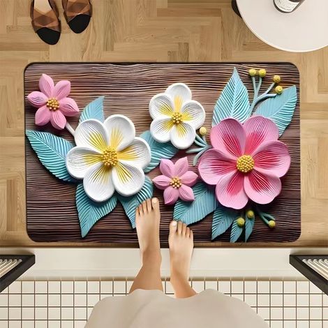 Tapis de bain en diatomite antidérapant – Paillasson absorbant pour salle de bain et entrée de toilette, résistant à la saleté et à l’usure, motif « Trois fleurs boisées » (40 x 60 cm)-lsw