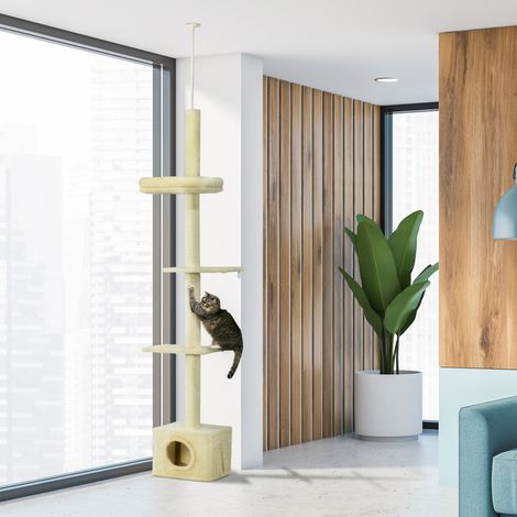 Arbre à chat du sol au plafond, hauteur réglable 240-270cm, 4 niveaux d'activités avec niche