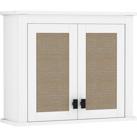 Beyamis Wandhängender Badezimmerschrank, Hängemöbel mit 2 Türen aus PE-Rattan, verstellbarem Einlegeboden, 60 x 19,5 x 49,4 cm, Weiß