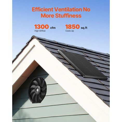 Ventilateur d'Extraction Solaire de Grenier, 340x70 mm, Extracteur d'Air de Grenier avec Thermostat Réglable, Maille Extérieure, Capacité Flux d'Air 1300 CFM, pour Pignon, Toit, Garage, Atelier (1/5)