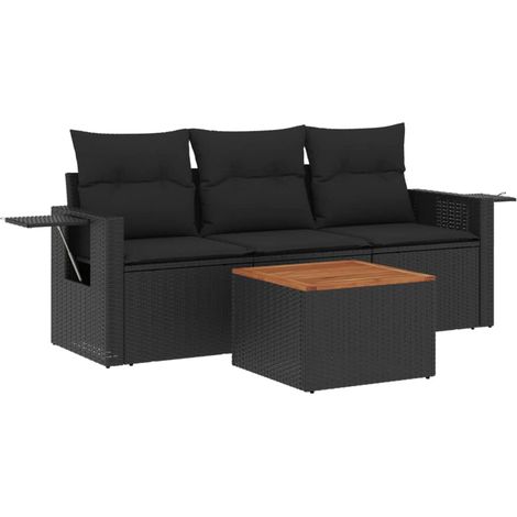 Salon de jardin 4 pcs avec coussins noir résine tressée (1/3)