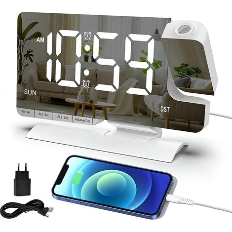 Projektionswecker mit 180° drehbarem Projektor, einstellbarer Helligkeit, USB-C-Anschluss, Lautstärkeregelung, 11-farbigem LED-Display, digitaler Wecker für Schlafzimmer und Decke (1/5)