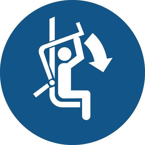 Cartelli di obbligo ISO 7010 "Chiudere la sbarra di sicurezza della seggiovia" - M033 - Misura: 50mm x 50mm - Numero Pezzi: 50 pezzi
