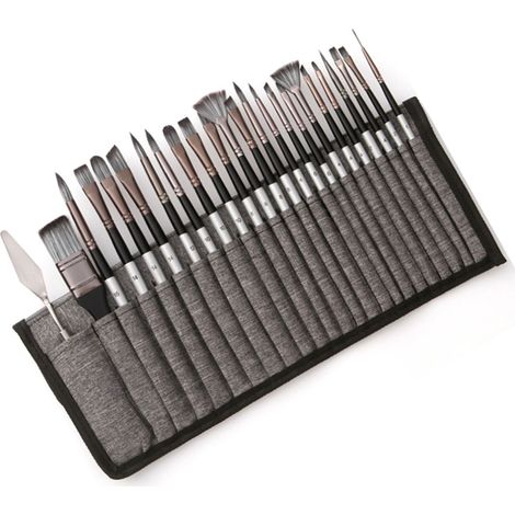 Jeu de 24 pinceaux à huile gris, formes variées, tailles multiples, manches ergonomiques, étui inclus, pour maison et école. (1/5)