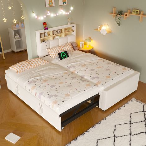 Lit banquette gigogne 90x200 et 180x200 cm - port usb - lit gigogne - extensible - grand rangement - velours - structure multifonction - beige (1/5)